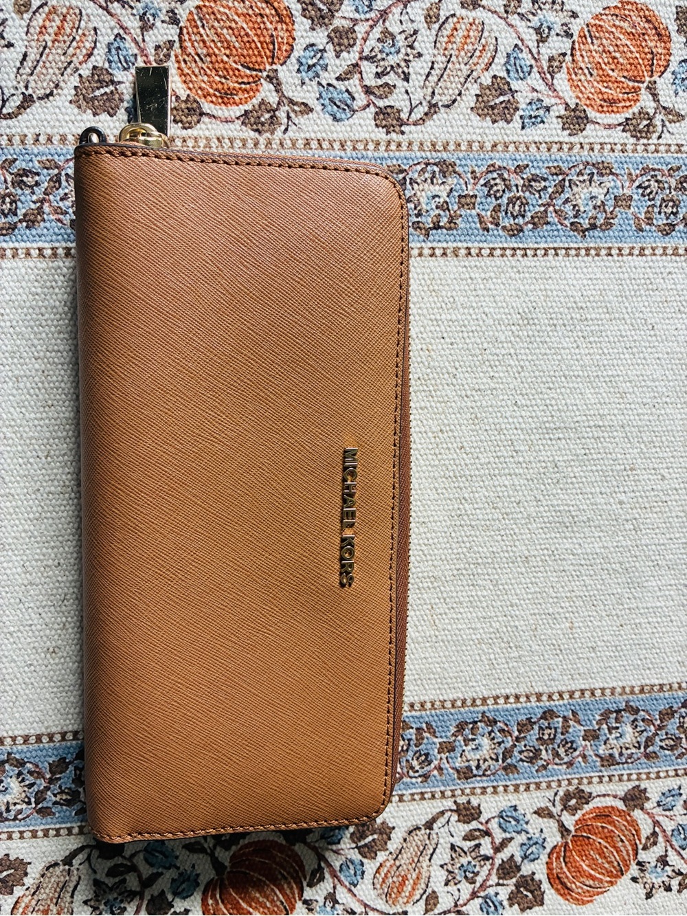 Michael Kors Caramel Zip-Around Saffiano Leather Wallet with Gold Hardware